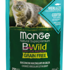 Monge - BWild Grain Free Bocconcini maltagliati in salsa di Merluzzo con Gamberetti e Ortaggi 85 g