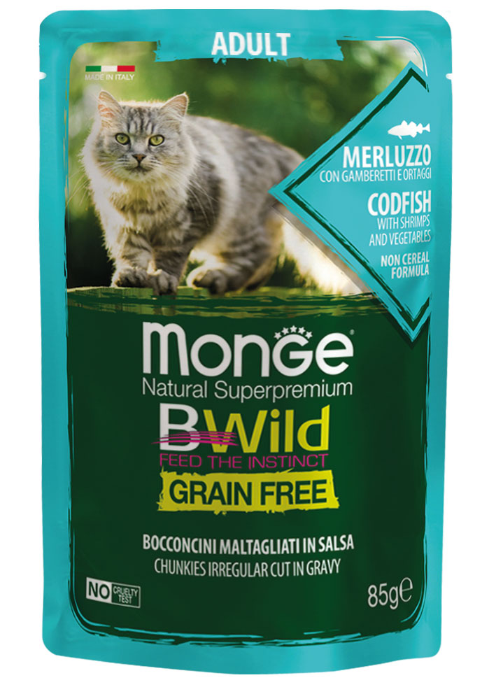 Monge - BWild Grain Free Bocconcini maltagliati in salsa di Merluzzo con Gamberetti e Ortaggi 85 g