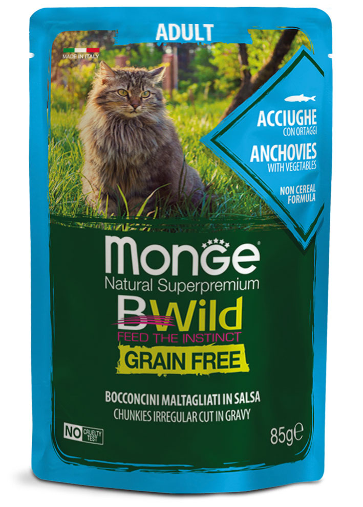Monge - BWild Grain Free Bocconcini maltagliati in salsa di Acciughe con Ortaggi 85 g