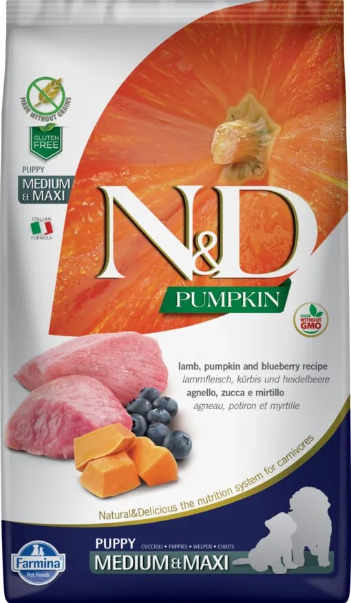 Farmina - Natural & Delicious Pumpkin Grain Free Puppy Medium & Maxi con Agnello, Zucca e Mirtillo