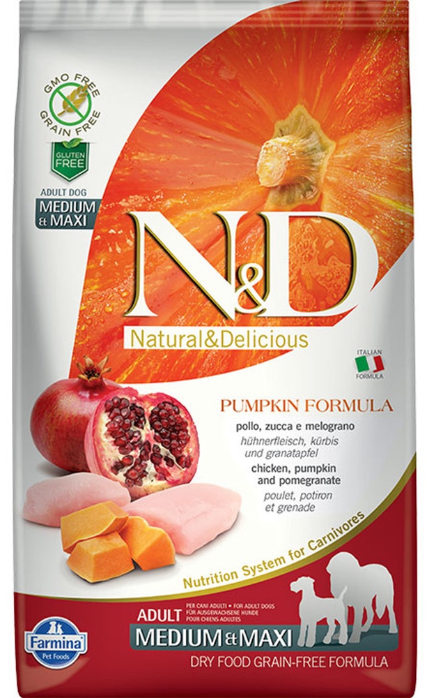 Farmina - Natural & Delicious Pumpkin Grain Free Adult Medium & Maxi con Pollo, Zucca e Melograno 12 Kg