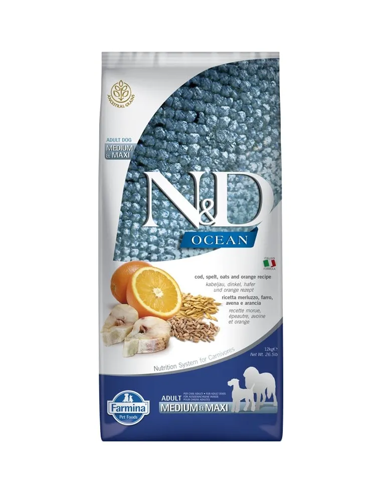 Farmina N&D Ocean Low Grain Adult Medium Maxi Merluzzo Farro Avena e Arancia