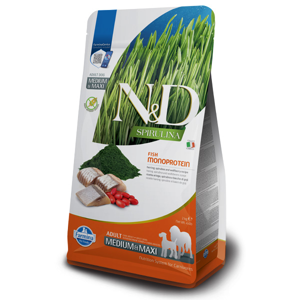 Farmina - Natural & Delicious Spirulina Adult Medium & Maxi con Aringa, Spirulina e Bacche di Goji 2 Kg