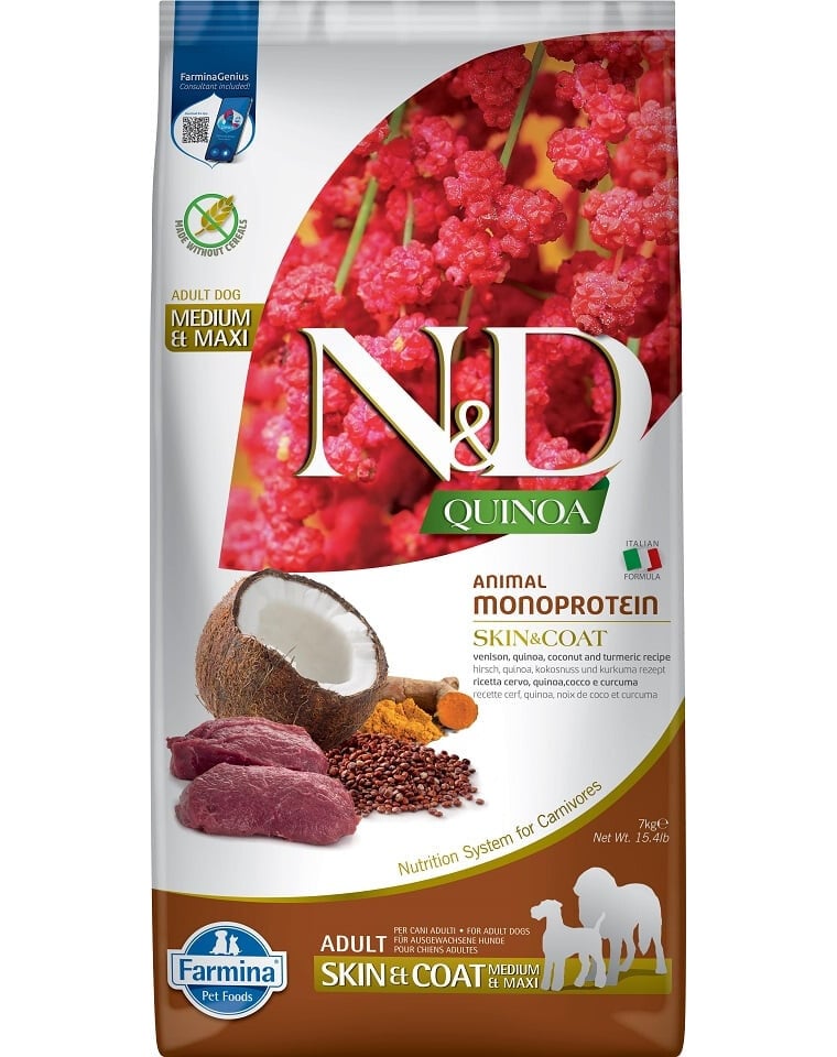 Farmina - Natural & Delicious Medium & Maxi Quinoa Skin & Coat Cervo Grain Free 7 Kg