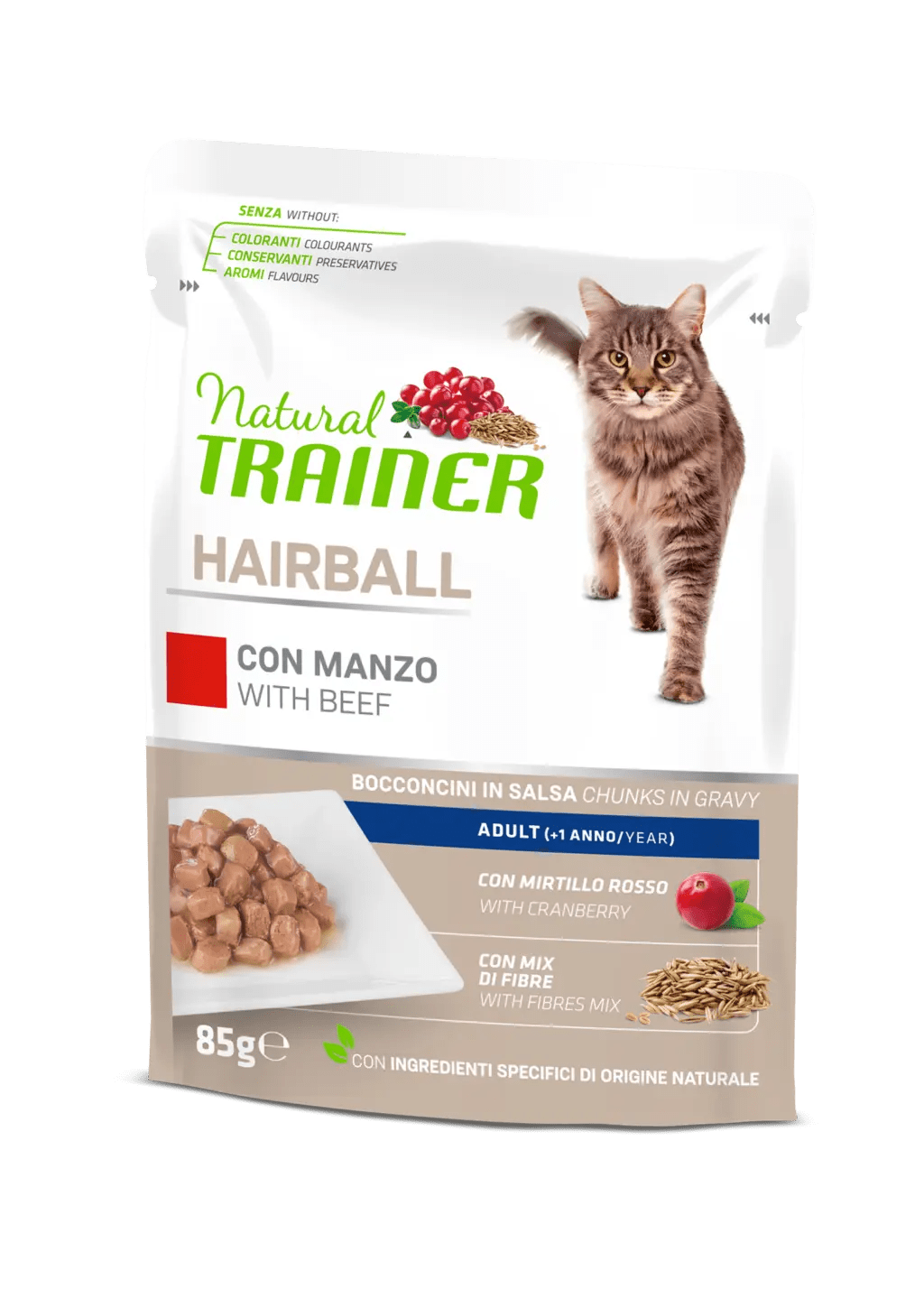 Trainer - Natural Hairball Adult con Manzo Bocconcini in Salsa 85 g