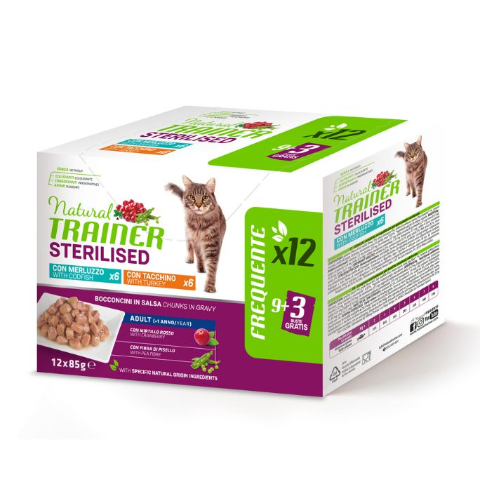Trainer - Natural Feline Multipack Sterilised con Tacchino e Merluzzo 12 x 85 g