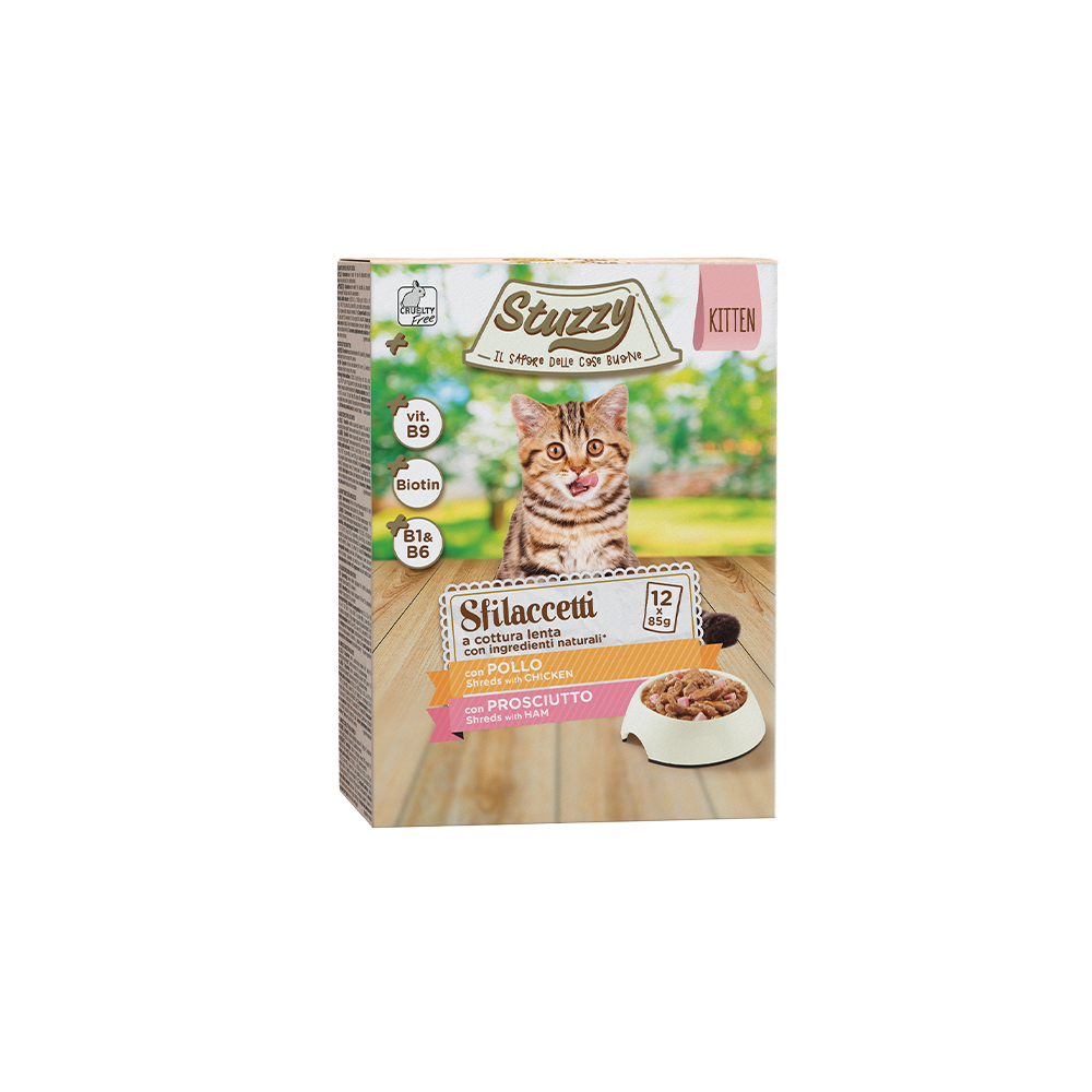 Stuzzy Cat - Multipack Sfilaccetti Kitten con Pollo, con Prosciutto 12x85g