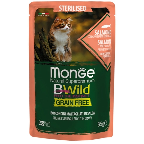Monge - BWild Grain Free Bocconcini maltagliati in salsa Salmone con Gamberetti e Ortaggi – Sterilised 85 g