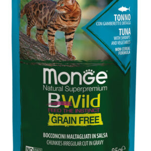 Monge - BWild Grain Free Bocconcini maltagliati in salsa di Tonno con Gamberetti e Ortaggi – Sterilised 85 g