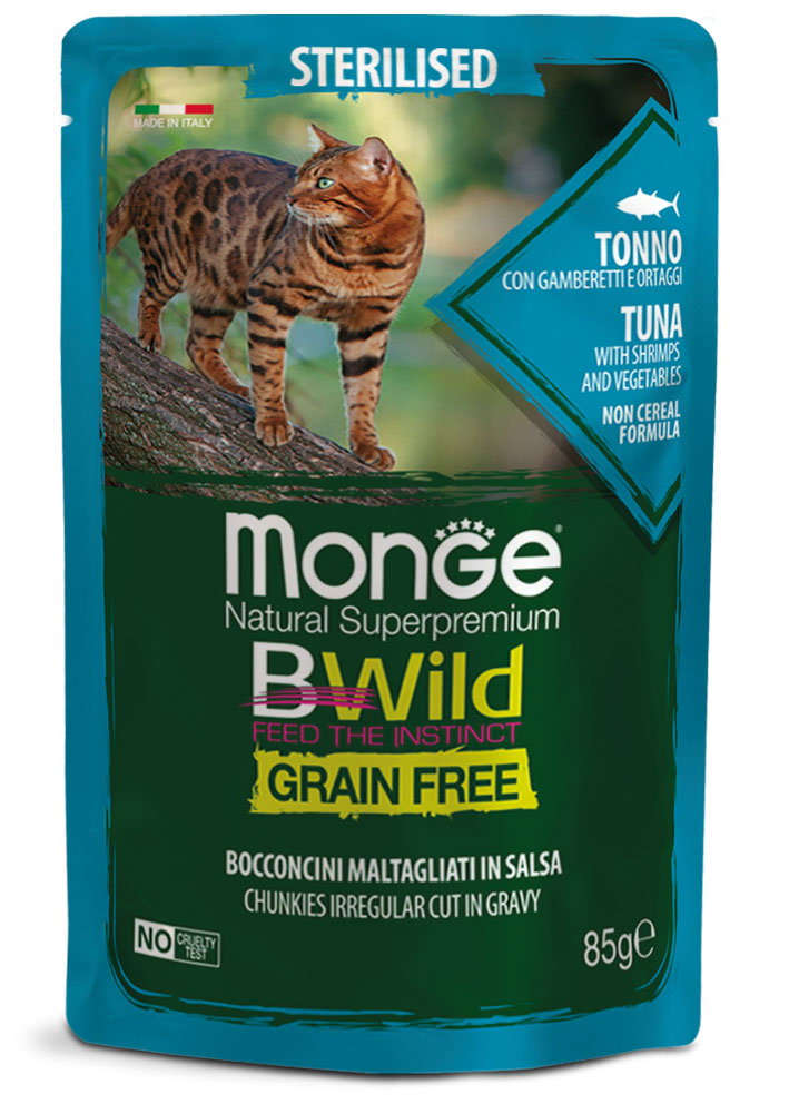 Monge - BWild Grain Free Bocconcini maltagliati in salsa di Tonno con Gamberetti e Ortaggi – Sterilised 85 g